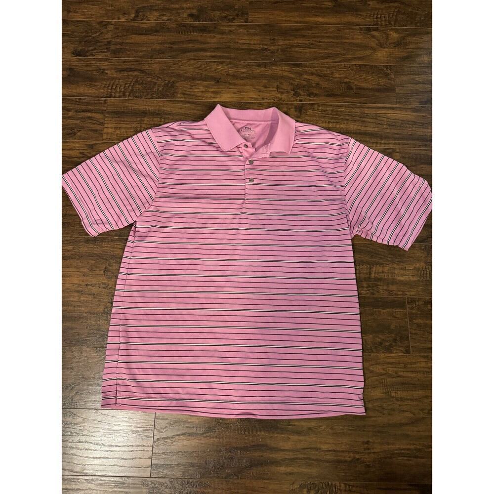 PGA Tour Mens XL Golf Polo Shirt Pink W/ Black White Stripes